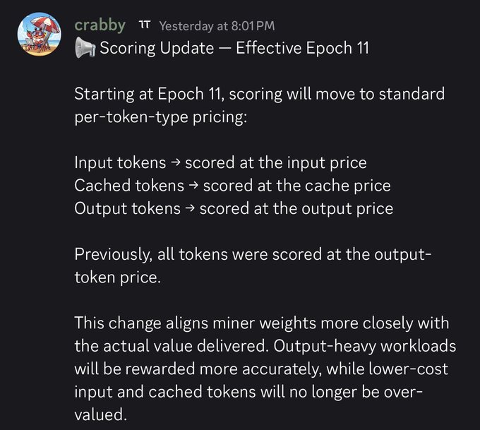 A Discord announcement from 'crabby' about a 'Scoring Update — Effective Epoch 11' implementing standard per-token-type pricing for input, cached, and output tokens.