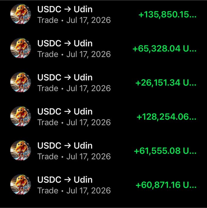 A screenshot of cryptocurrency trading transactions showing six USDC to Udin (UDIN) trades from July 17, 2026, with gains ranging from +26,151 to +135,850 in green text. The image supports the post's claim about community fees being collected, showing large profitable trades that the poster uses to argue the community deserves a $30,000 UDIN airdrop.