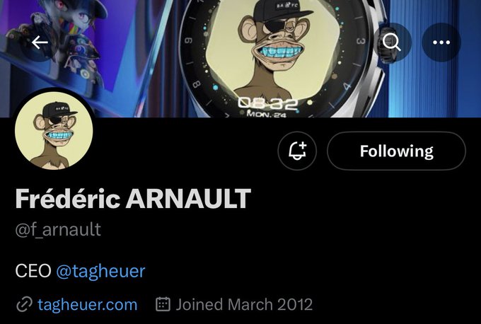 A Twitter profile page for 'Frédéric ARNAULT' (@f_arnault), CEO of @tagheuer, featuring a Bored Ape Yacht Club NFT as his profile picture.