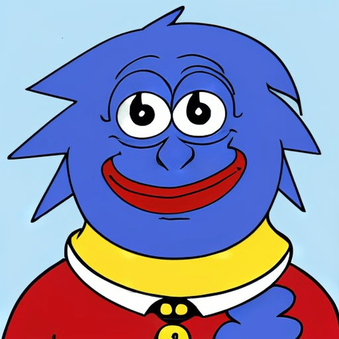 A cartoon illustration of a blue furry character with big eyes and a wide smile wearing a red outfit with a yellow collar.