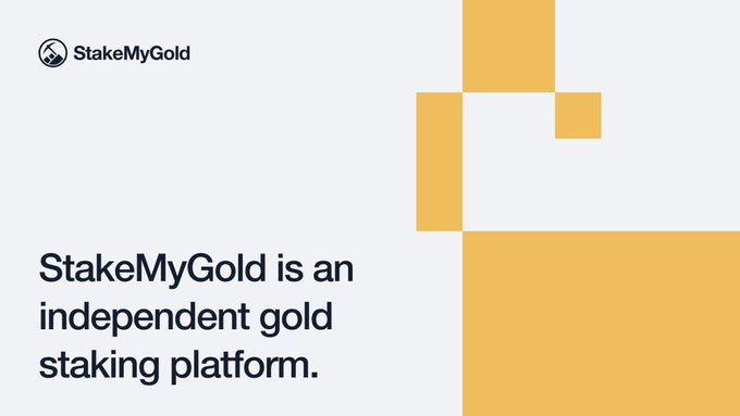 A slide featuring the StakeMyGold logo and text stating 'StakeMyGold is an independent gold staking platform.' on a white and yellow background.