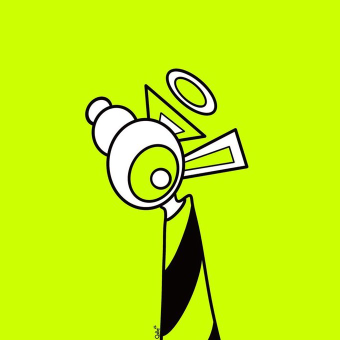 A stylized pop-art illustration on a bright chartreuse background featuring a white shape with a halo, resembling an abstract figure or head, rendered in bold black outlines.