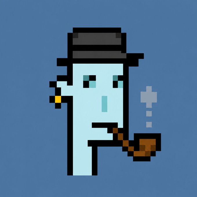 A pixel art character wearing a black fedora and smoking a pipe, holding up what appears to be a cigarette, rendered in light blue against a solid blue background.