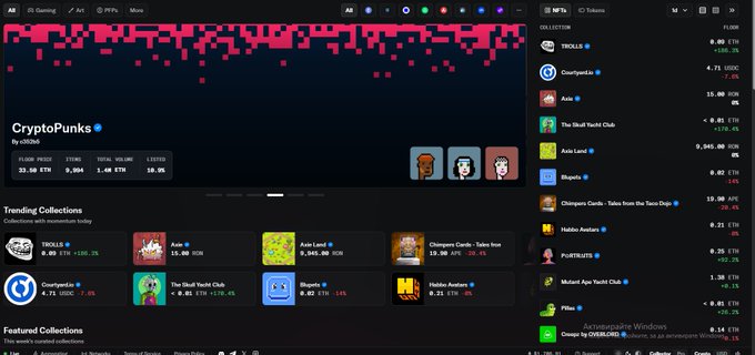 The image shows a website's dashboard, which displays various lists of items and numbers. A prominent feature includes the names of several cryptocurrencies such as Bitcoin, CryptoPunks, BAYC, and HODLINGERBERCH. Another interesting point is that the CryptoPunks collection has gained significant popularity among OpenSea users due to its upward trend in trading volume, making it the topmost collection with a 3rd place finish. The post also mentions Bitcoin's position at the bottom of the list and how it reflects on the overall market trends.