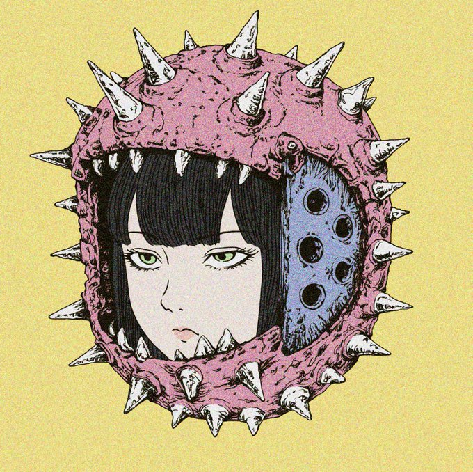 An illustration of a pale-faced figure with dark bangs wearing a pink, spiked helmet resembling a monstrous mouth with sharp teeth and green spikes, set against a yellow background.