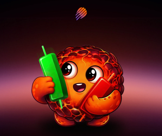 A cute 3D-rendered character with a lava-textured brain body holds a green and red popsicle while looking upward excitedly.
