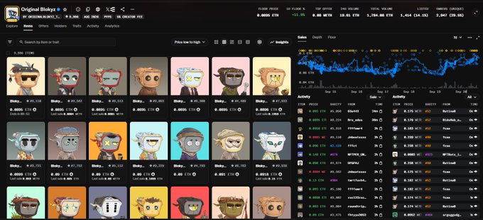 A cryptocurrency trading website called 'Original Blinky' displaying a grid of various Bored Ape-style NFTs for sale, alongside a price chart and a list of recent sales activity.