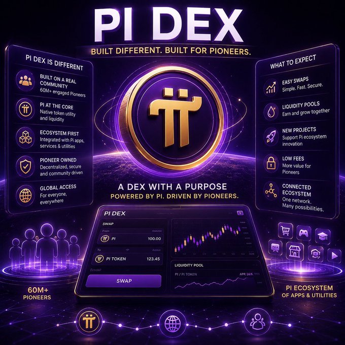 A purple and gold promotional graphic for 'PI DEX' advertising it as 'A DEX WITH A PURPOSE' built for a community of '60M+ Pioneers'.