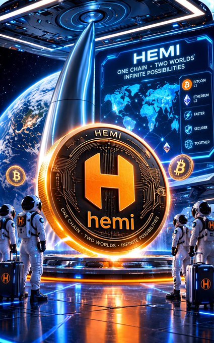 A sci-fi promotional graphic for 'HEMI' cryptocurrency featuring a large gold 'H' coin, the text 'ONE CHAIN • TWO WORLDS INFINITE POSSIBILITIES', astronauts in white suits, Earth in the background, and icons labeled BITCOIN, ETHEREUM, FASTER, SECURED, and TOGETHER.
