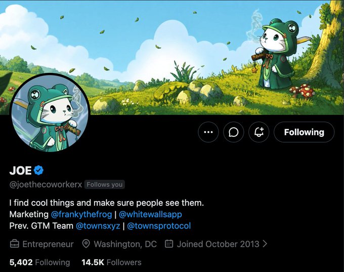 Twitter profile of 'JOE @joethecoworkerx' featuring a cartoon cow in green attire with the bio 'I find cool things and make sure people see them. Marketing @frankythefrog | @whitewallsapp.'