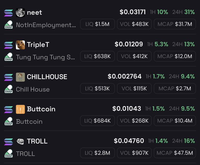 A screenshot of a meme coin watchlist on the Solana DEX aggregator showing five trending tokens—neet ($0.03171, +31% 24H), TripleT ($0.01209, +13%), CHILLHOUSE ($0.002764, +9.4%), Buttcoin ($0.01043, +9.5%), and TROLL ($0.04760, +16%)—all posting solid 24-hour gains, seemingly backing up the poster's bullish "my coin picks are gonna win" claim.