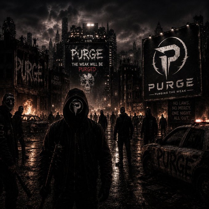 The image features a group of people standing together, with one person wearing a hooded sweatshirt that says "Purge" on it. The scene takes place in an urban setting, possibly a city street at night, as evidenced by the presence of buildings and cars. There is also a car parked nearby, adding to the overall atmosphere of the image. The caption provided below the image reads: 
"The Purge is here. We're building a community that purges that toxicity. Real energy. Real holders. Real long-term mindset. If you're tired of watching good coins get destroyed by fear, join us."