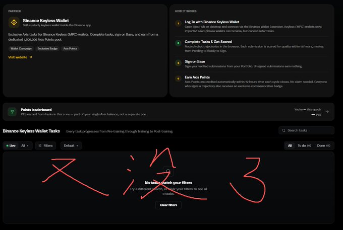 A screenshot of the 'Binance Keyless Wallet' Galaxy task page showing 'No tasks match your filters' with Chinese characters '又冷了' written in red over it.