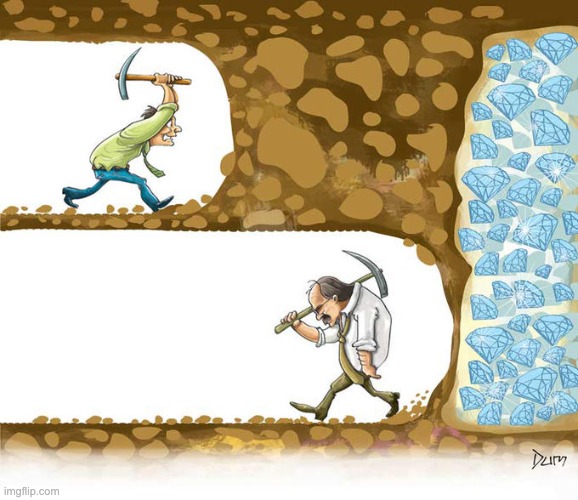 The image depicts two miners working in a mine—one swinging a pickaxe to break new rock, while the other walks away with a heavy sack overflowing with diamonds (crystals), illustrating that the easy rewards have already been extracted while only the hard labor remains. This visual metaphor aligns with the post's message that the lucrative opportunities in crypto have already been mined, and newcomers are left with diminishing returns and largely failed use cases like NFTs, metaverse, and DAOs.