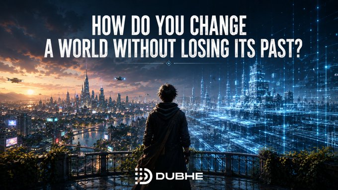 A promotional image asks 'HOW DO YOU CHANGE A WORLD WITHOUT LOSING ITS PAST?' featuring a person overlooking a futuristic city at sunset, branded with the DUBHE logo.