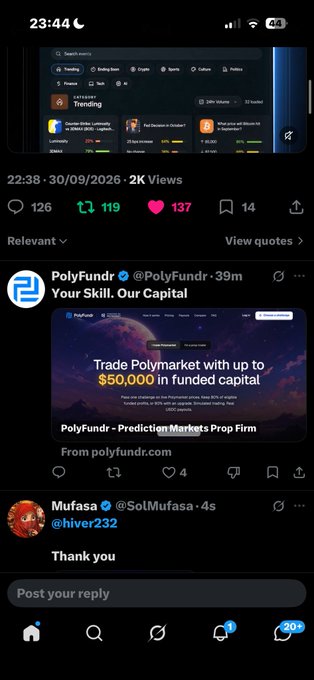A screenshot of an X/Twitter feed at night (23:44) showing a post from PolyFundr promoting Polymarket trading with up to $50,000 in funded capital.