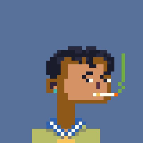 Pixel art portrait of a person with dark curly hair smoking a cigarette, wearing a yellow shirt and a beaded necklace against a blue background.