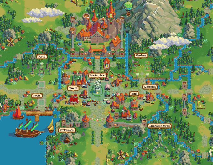 A vibrant pixel-art fantasy game map featuring a medieval village with labeled locations including Portal, Gardens, Marketplace, Tavern, Alchemist, Bank, Meditation Circle, Docks, and Professions, set among forests, rivers, and mountains.
