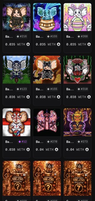 A grid of NFT collectible cards featuring various animal and character designs, each priced in WETH (ranging from 0.035 to 0.04) with numbered editions like #216, #155, and #268.