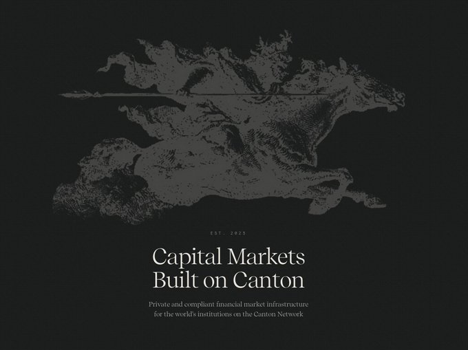 The image features a dark, textured illustration of a figure holding a spear, overlaid with the text "EST. 2023" and "Capital Markets Built on Canton," along with the tagline "Private and compliant financial market infrastructure for the world's institutions on the Canton Network." The post aligns with the image's theme by promoting Canton's role in capital markets, with the visual's striking classical artwork reinforcing the brand's sophisticated and institutional positioning.