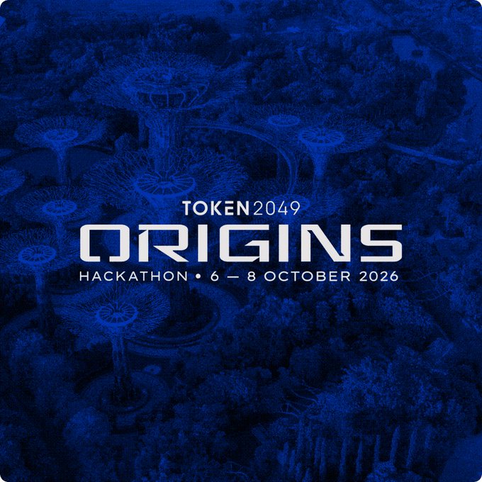 A monochromatic blue promotional graphic for the Token2049 Origins Hackathon features an aerial view of Singapore's Supertree Grove as its background, with the text "TOKEN2049 ORIGINS HACKATHON • 6 – 8 OCTOBER 2026" displayed in bold white lettering across the center. The image visually ties to the accompanying post by advertising the final call for registration for the event, which offers $27,500 in prizes for top projects built on the Cardano track using x402 or Masumi Network.