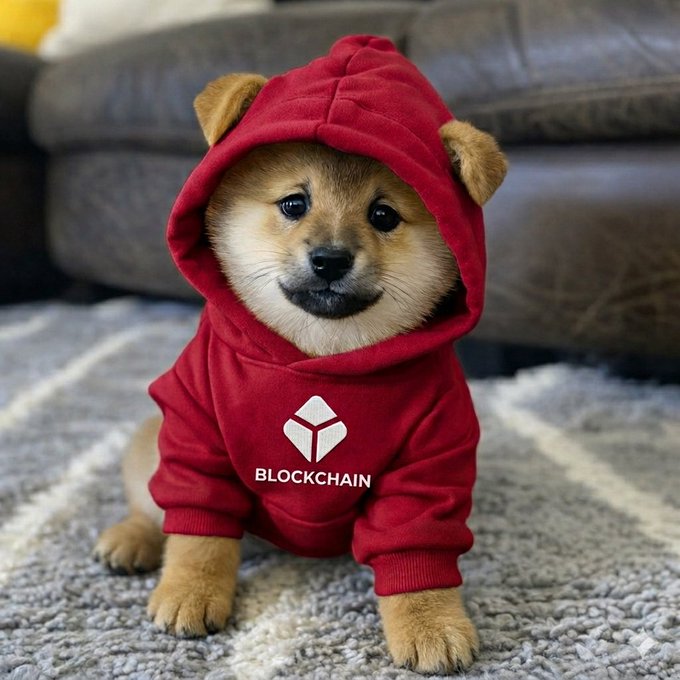 The image features a small brown dog wearing a red hoodie with the word "Blockchain" printed on it, sitting on a gray carpeted floor. The dog appears to be posing for the photo, possibly as part of an advertisement or promotional material related to blockchain technology.