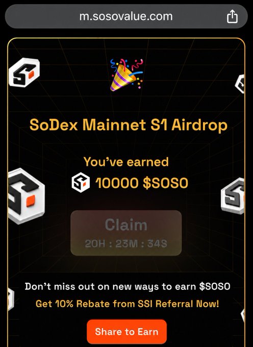 A mobile screenshot of m.sosovalue.com showing a 'SoDex Mainnet S1 Airdrop' claiming 10000 $SOSO tokens with a countdown timer.