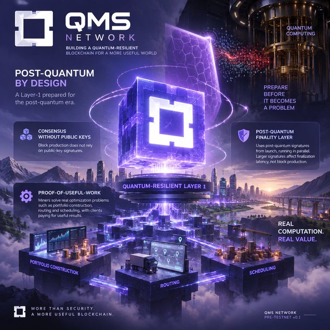 A promotional graphic for QMS Network, a 'Post-Quantum' blockchain project, featuring purple sci-fi aesthetics, text like 'QUANTUM-RESILIENT LAYER 1', 'CONSENSUS WITHOUT PUBLIC KEYS', and 'REAL COMPUTATION. REAL VALUE.'