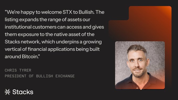 A promotional graphic for Stacks (STX) features a quote from Chris Tyrer, President of Bullish Exchange, stating: "We're happy to welcome STX to Bullish. The listing expands the range of assets our institutional customers can access and gives them exposure to the native asset of the Stacks network, which underpins a growing vertical of financial applications being built around Bitcoin." A headshot of Tyrer appears on the right, with the Stacks logo in the bottom left, reinforcing the announcement of STX's role as the backbone of Bitcoin capital markets for lending, liquidity, and stablecoins.
