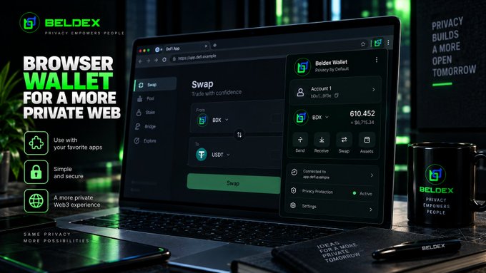 An advertisement for the Beldex 'Browser Wallet for a More Private Web,' featuring a dark-themed crypto wallet interface on a laptop with a coffee mug.