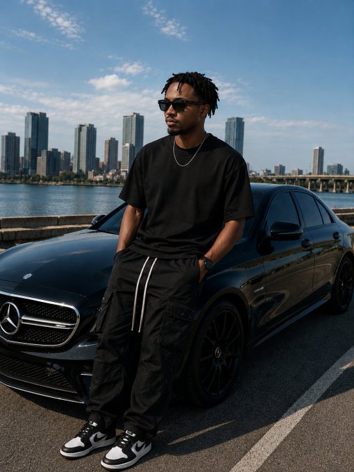A young man wearing sunglasses, a black t-shirt, and cargo pants leans against a black Mercedes-Benz car, with a city skyline and waterfront in the background.