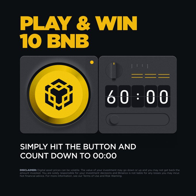 A promotional graphic for Binance's "Play & Win 10 BNB" button game featuring a large yellow button and a countdown timer at 60:00, with text reading "SIMPLY HIT THE BUTTON AND COUNT DOWN TO 00:00." The image illustrates the game's core mechanic described in the post, where players press the button and try to stop the countdown as close to 00:00 as possible to climb the leaderboard and compete for a share of the 10 BNB prize pool.
