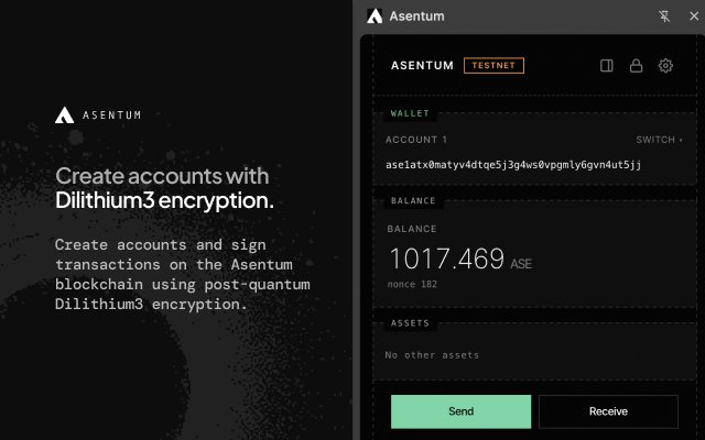 A promotional image for Asentum blockchain platform featuring text about 'Dilithium3 encryption' and showing a wallet interface on the right with a balance of 1017.469 ASE on the TESTNET.