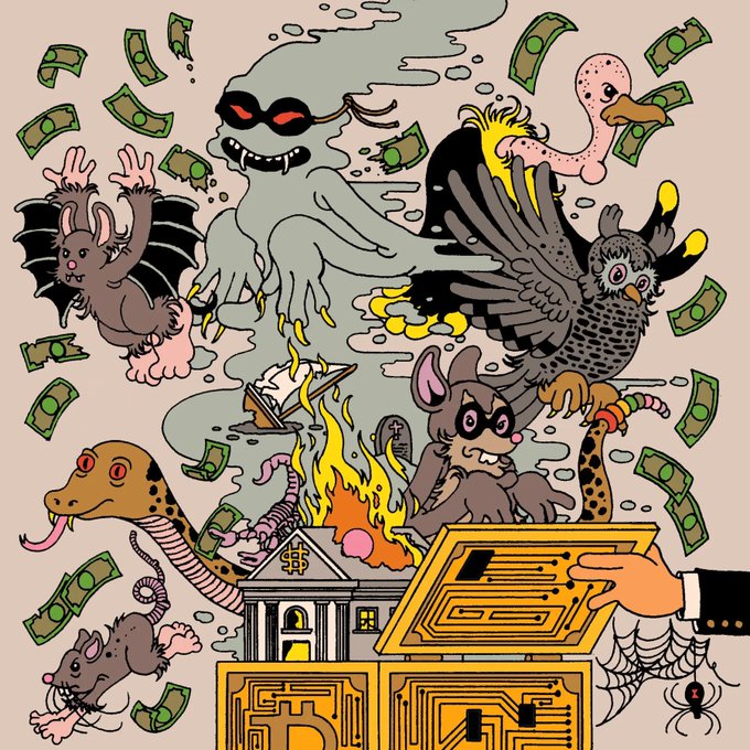 A whimsical, chaotic illustration featuring various creatures like bats, mice, an owl, and a snake emerging from flames near a burning house, surrounded by floating dollar bills, with a hand holding a golden circuit-board briefcase.