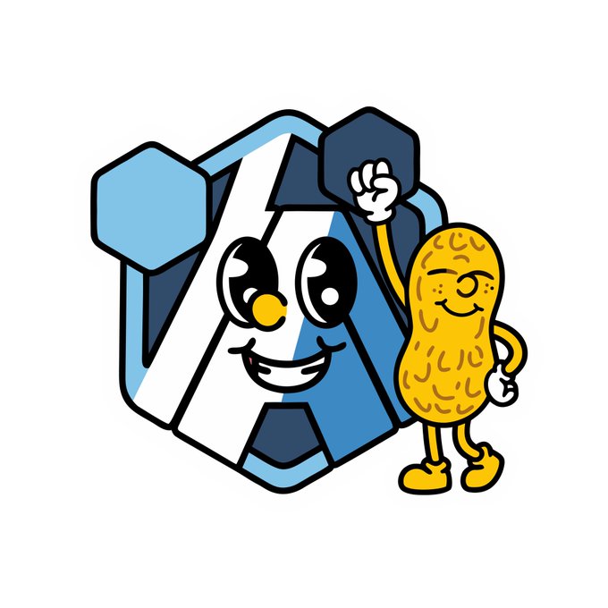 A cartoon mascot illustration featuring a blue geometric crystal/hexagon character with a smiling face alongside a yellow peanut character with raised fist, likely representing the Polygon (MATIC) blockchain and Peanut-related branding.