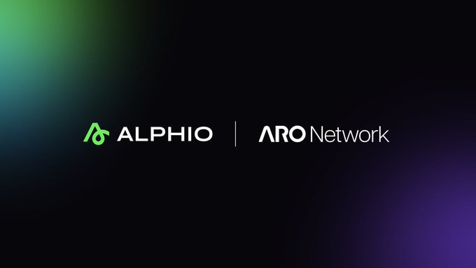 The image displays a partnership announcement featuring the logos of "ALPHIO" with a green stylized icon on the left, separated by a vertical line from the "ARO Network" logo on the right, set against a dark background with subtle green and purple gradient lighting.

This visual reinforces the post announcing the collaboration between ARO Network and AlphioAI, highlighting their joint venture in building an agentic execution layer for autonomous crypto trading.