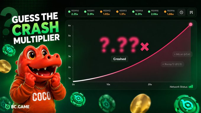 A colorful gaming advertisement for BC.GAME shows a red dinosaur character named 'COCO' next to a 'CRASH' game graph with the text 'GUESS THE CRASH MULTIPLIER'.