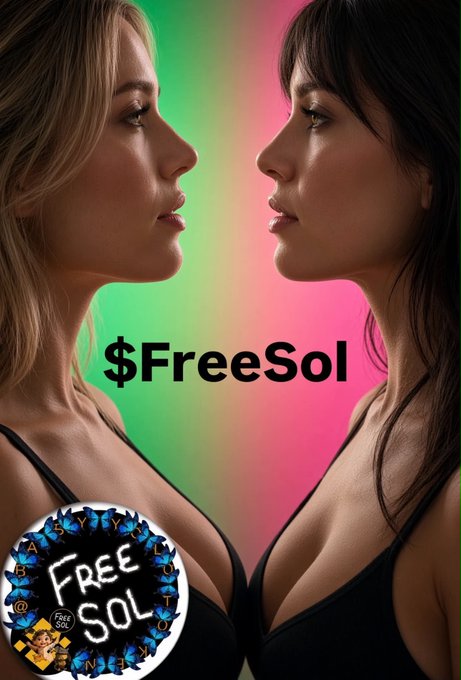 A promotional image for '$FreeSol' featuring two women facing each other in profile against a green and pink gradient background, with a 'FREE SOL' coin logo in the bottom left corner.