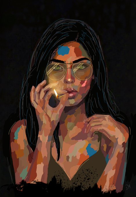 A stylized portrait shows a woman with long dark hair and yellow-tinted aviator sunglasses lighting a cigarette, her skin rendered in a mosaic of vibrant orange, teal, and earth-toned color blocks against a black background. The contemplative, introspective mood of the artwork mirrors the accompanying quote's theme of summoning courage to take risks before fear takes hold.