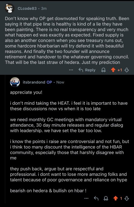 A Reddit thread screenshot showing comments from users CLcode83 and itsbranded OP discussing concerns about Hedera governance and being bearish on Hedera while bullish on HBAR.