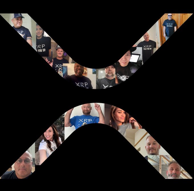 A collage of multiple individual photos arranged within the XRP logo silhouette, showing various XRP supporters wearing branded "XRP" and "XRP TO THE MOON" shirts, illustrating the community of HODLers referenced in the post.