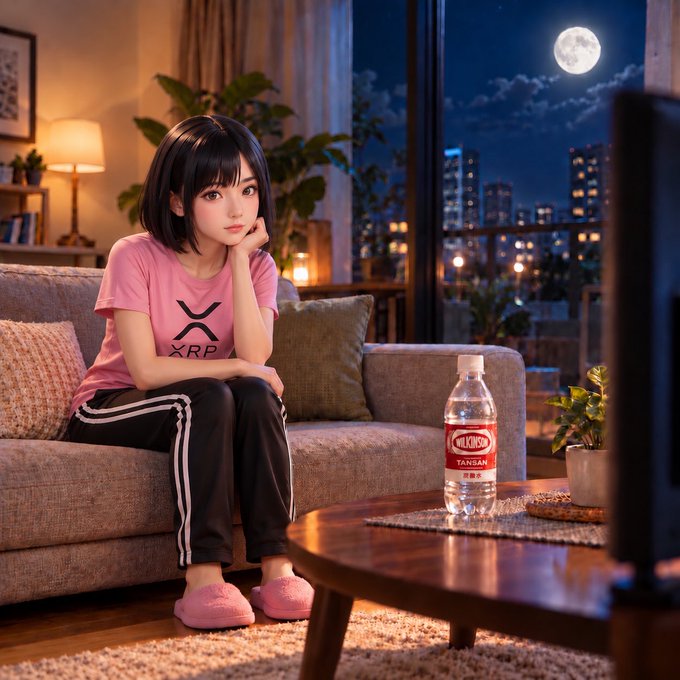 A digital illustration depicts an anime-style girl wearing an 'XRP' shirt sitting on a couch at night, with a bottle labeled 'TANSAN' on the coffee table in front of her.