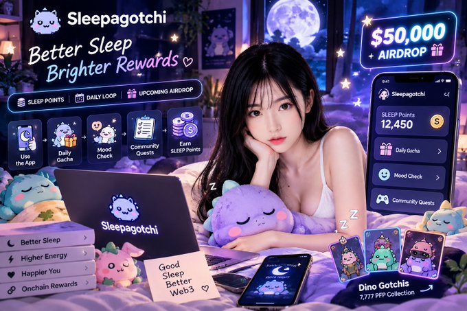 The image is a promotional graphic for "Sleepagotchi" featuring a young woman resting on a bed surrounded by plush toys and a laptop, alongside UI elements advertising a $50,000 AIRDROP, 12,450 sleep points, and features like "Daily Gacha," "Mood Check," and a "Dino Gotchis 7,777 PFP Collection." The accompanying text aligns with the image's messaging, highlighting Sleepagotchi's gamified airdrop campaign where users simply build a sleep routine, check their mood, and claim daily rewards rather than grinding.