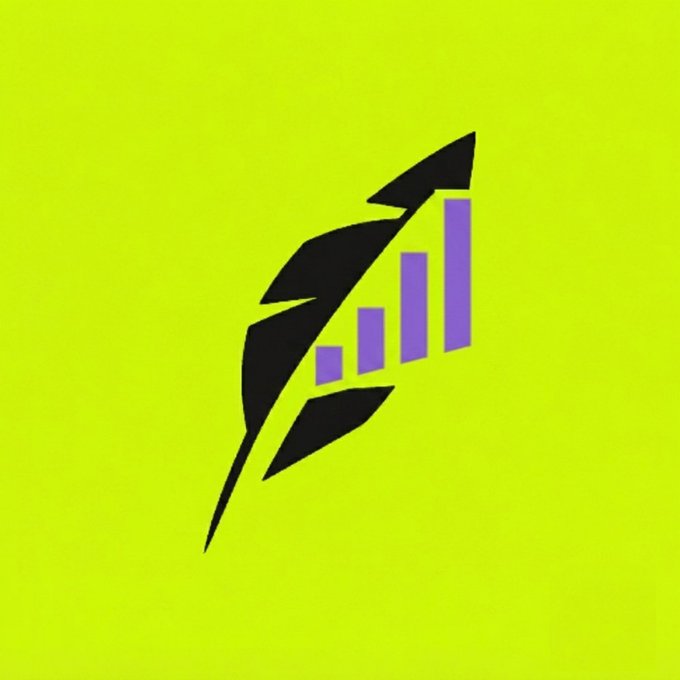 A logo depicting a black feather with purple bar chart bars increasing in height, set on a bright lime green background.