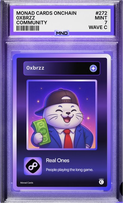 The image shows a Monad Cards Onchain collectible card #272 featuring the username "0xbrzz," minted at 7 in Wave C, depicting a cartoon cat in a suit holding cash with the tagline "Real Ones - People playing the long game." The card directly ties to the post's question directed at "real ones" from wave 3, suggesting 0xbrzz represents the loyal holders who stayed engaged despite receiving only dapp access with no airdrop.