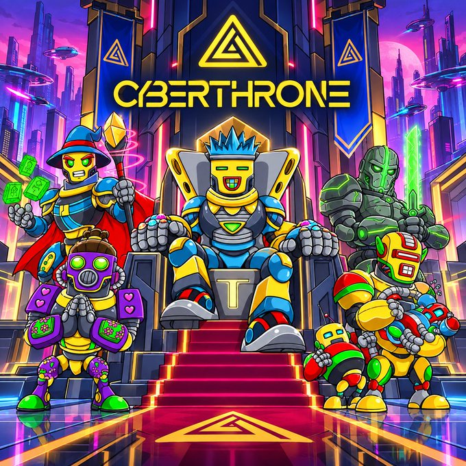The image depicts five colorful robot characters positioned around a central royal robot wearing a crown, with the bold text "CYBERTHRONE" prominently displayed above them, illustrating the two distinct "tracks" of the campaign through multiple unique character archetypes. The central crowned figure likely represents the platform's authority, while the diverse surrounding robots symbolize the different participant roles—Reputation-focused users with strong on-chain backgrounds and Contribution-focused users who excel at content creation.