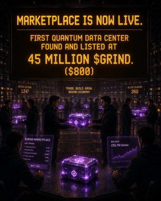 A digital promotional graphic reading 'MARKETPLACE IS NOW LIVE. FIRST QUANTUM DATA CENTER FOUND AND LISTED AT 45 MILLION $GRIND. ($800)' with an in-game economy scene showing 1,247 active listings, 360 active players, and a 235.7M $GRIND balance.