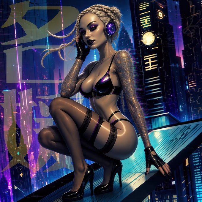 A 3D-rendered cyberpunk-style artwork of a woman with tattoos in black lingerie and high heels crouching on a rooftop against a neon city skyline.