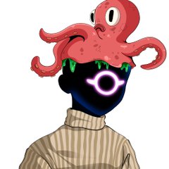 A surreal illustration shows a person wearing a beige striped shirt with a red octopus head that features a glowing purple circular mouth.