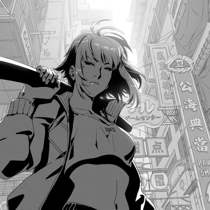 A black and white manga-style illustration of a female character with short hair holding what appears to be a weapon, set against a backdrop of Japanese street signage.